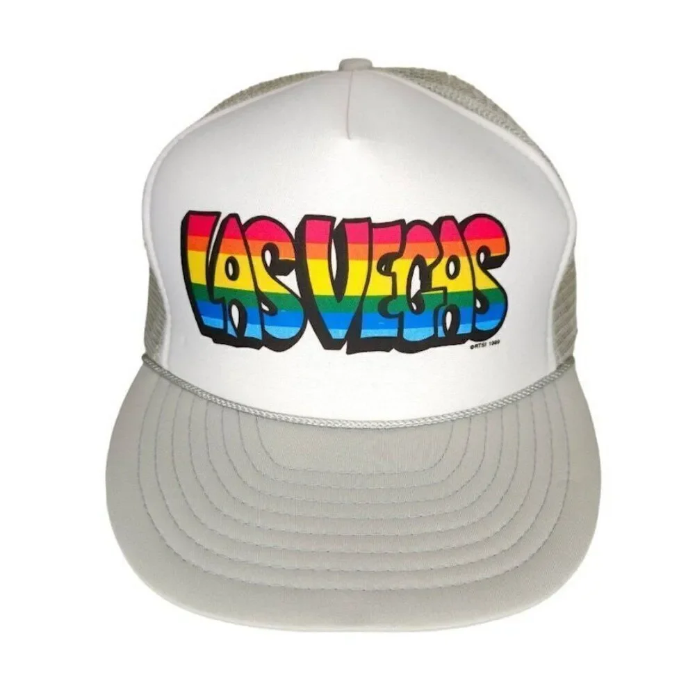 Vintage Las Vegas Rainbow Trucker Hat Mens One Size Gray 80s Rope Cap Pride